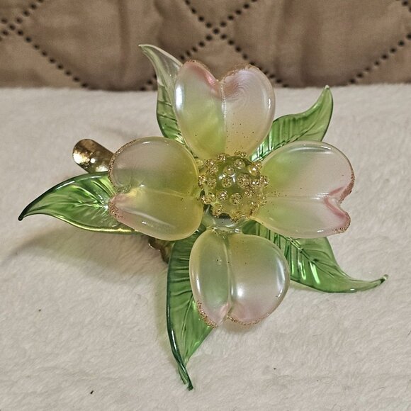 Vtg Hand Made Art Glass Dogwood Flower Pink White Yellow Green With Clip - Picture 3 of 6